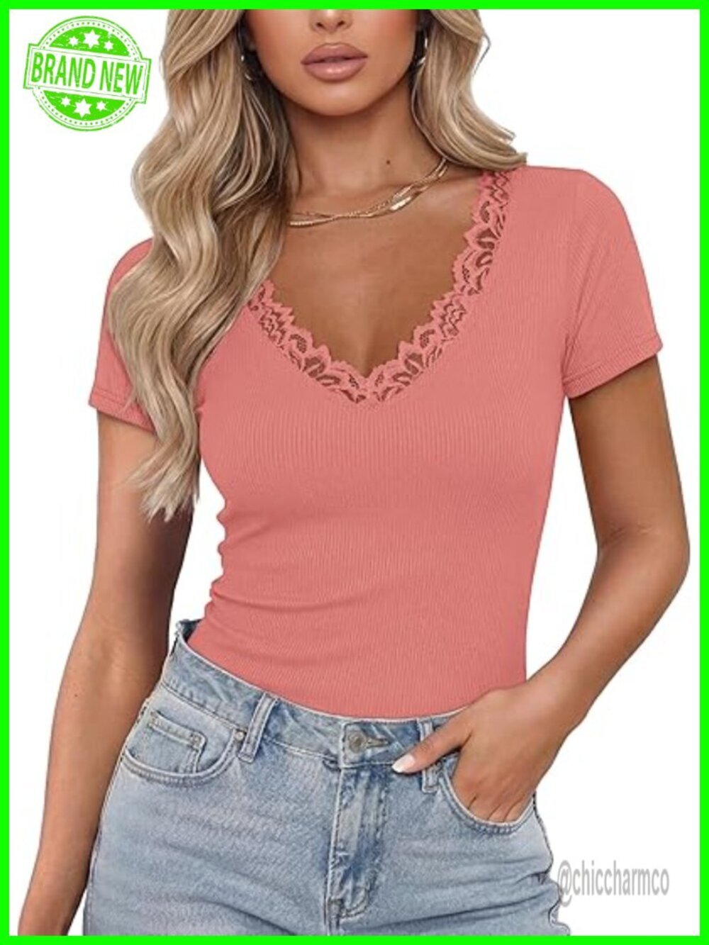 Short Sleeve V Neck Lace Ribbed Knit Fitted Basic Tee Top